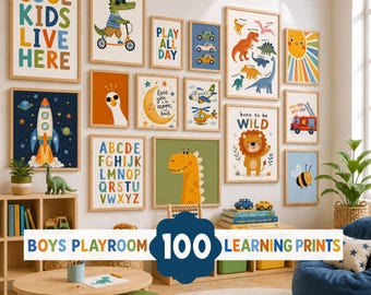 May include: A collection of 100 wall art prints featuring colorful illustrations of dinosaurs, vehicles, animals, and alphabet letters. The prints are displayed in light wood frames on a wall, showcasing various themes including space, nature, and text.