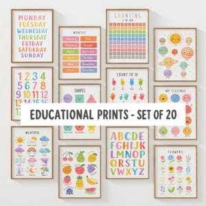 Pedagogisk väggkonst set med 20, barninlärningsposters, lekrumsdekor, förskole- och hemundervisningstryck, alfabetet, siffror, former, färger, posters