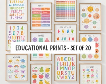 May include: A set of 20 framed educational prints. The prints feature colorful illustrations of the days of the week, months, numbers, shapes, counting, the alphabet, weather, fruits, flowers, and feelings. The text "Educational Prints - Set of 20" is displayed.