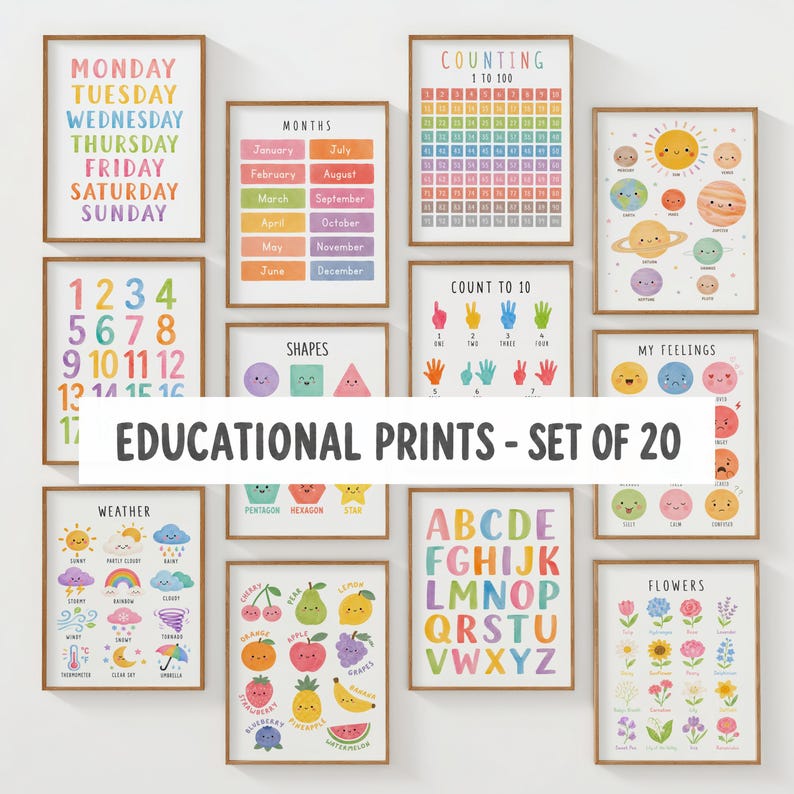 May include: A set of 20 framed educational prints. The prints feature colorful illustrations of the days of the week, months, numbers, shapes, counting, the alphabet, weather, fruits, flowers, and feelings. The text "Educational Prints - Set of 20" is displayed.