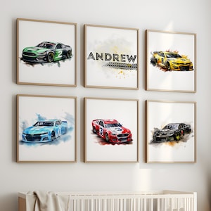 Impresión de acuarela de coches de carreras para guardería, impresión de coches deportivos, decoración de habitación infantil, póster de coches deportivos, impresiones de coches de carreras, imprimible para cuarto de juegos infantil, arte de coches