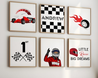 Personalized Racing Car Nursery Prints, Race Car Poster, Boy Playroom Prints, Cars Wall Art, Set of 6, Race Car Prints, Transportation Print