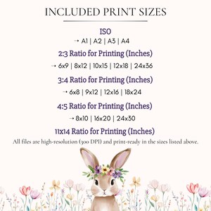 May include: A print size guide with a watercolor illustration of a bunny wearing a floral crown. The guide lists print sizes in inches, including 6x9, 8x12, 10x15, 12x18, 24x36, 6x8, 9x12, 12x16, 18x24, 8x10, 16x20, and 24x30.