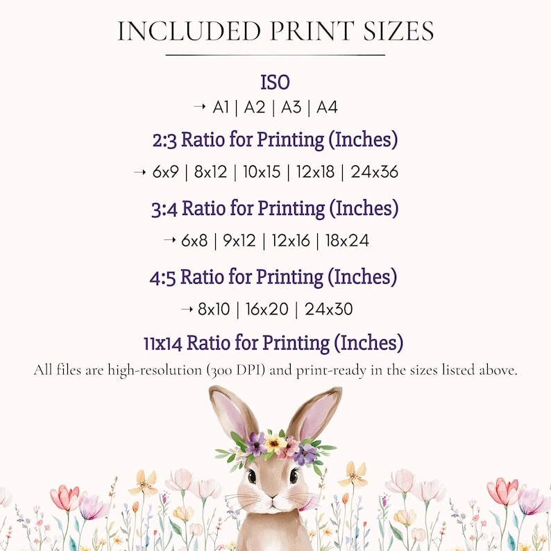 May include: A print size guide with a watercolor illustration of a bunny wearing a floral crown. The guide lists print sizes in inches, including 6x9, 8x12, 10x15, 12x18, 24x36, 6x8, 9x12, 12x16, 18x24, 8x10, 16x20, and 24x30.
