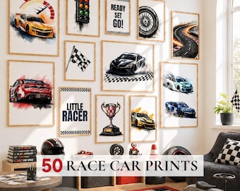 Race Car Wall Art Set of 50, Racing Car Nursery Prints, Kids Car Wall Decor, Boys Room Art, Race Car Poster Bundle, Sport Cars Prints