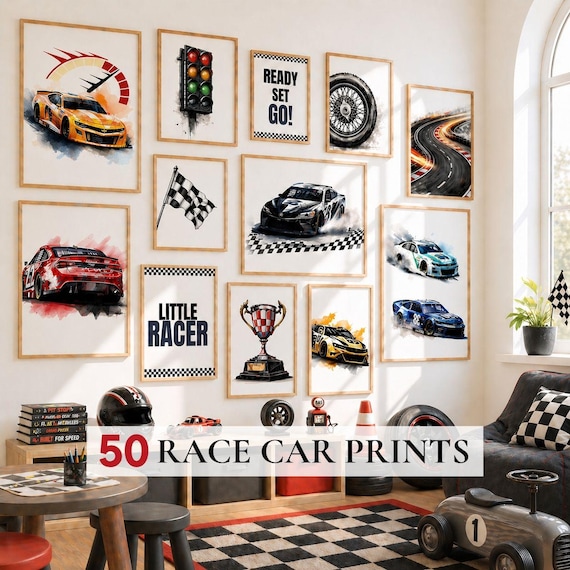Race Car Wall Art Set of 50, Racing Car Nursery Prints, Kids Car Wall Decor, Boys Room Art, Race Car Poster Bundle, Sport Cars Prints