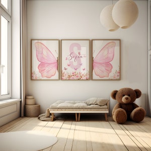 Lámina personalizada de mariposa rosa para guardería, arte mural de mariposas, flores y mariposas rosas, lámina de flores silvestres, decoración de mariposas, arte floral para guardería imagen 8