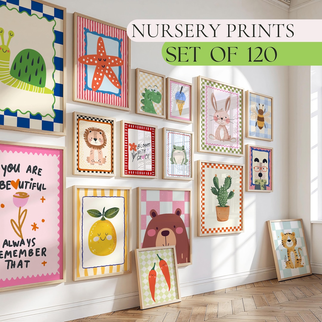 Nursery Wall Art Set of 120, Animal Nursery Prints Bundle, Colorful ...