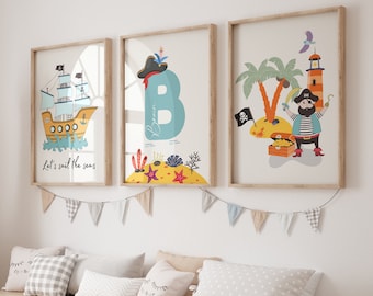Lámina de piratas para guardería, decoración de dormitorio pirata, arte de pared pirata, decoración de habitación de niños, decoración pirata, guardería de niños, póster pirata, lámina de barco pirata
