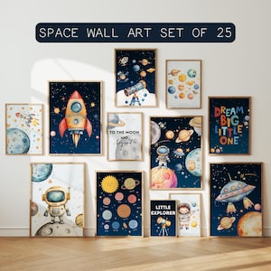 宇宙をテーマにした子供部屋用ウォールアート25点セット、宇宙をテーマにした子供部屋用デコレーション、宇宙飛行士のロケットと惑星のプリント、男の子向け子供部屋用ウォールアート、銀河をテーマにしたベビールーム用デコレーション