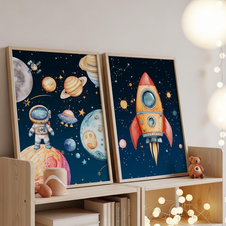 Outer Space Nursery Wall Art Set, Astronaut Rocket Planets Kids Room ...