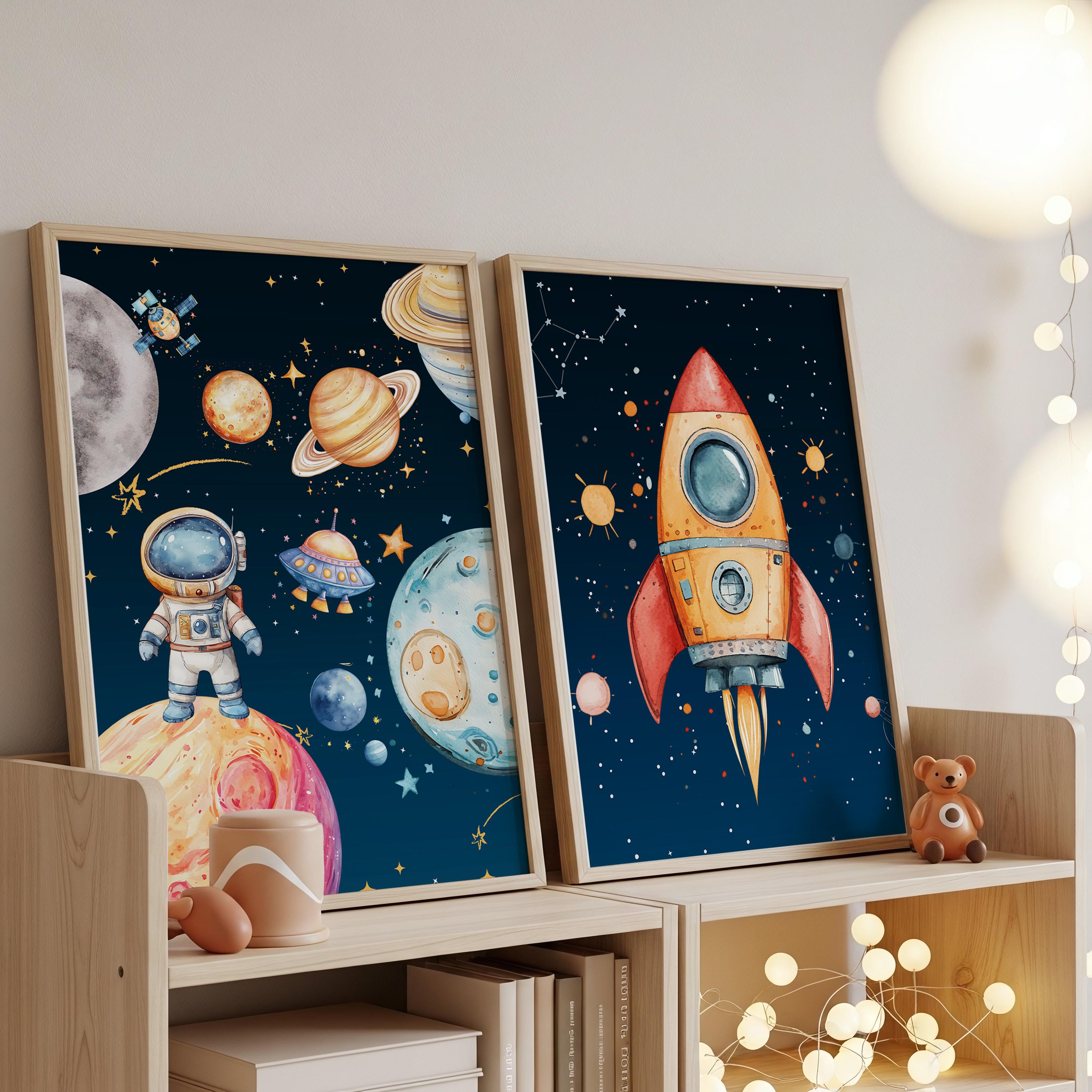 Outer Space Nursery Wall Art Set, Astronaut Rocket Planets Kids Room ...
