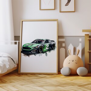 May include: A framed print of a green and black race car with the number 2 on the side. The car is on a white background.