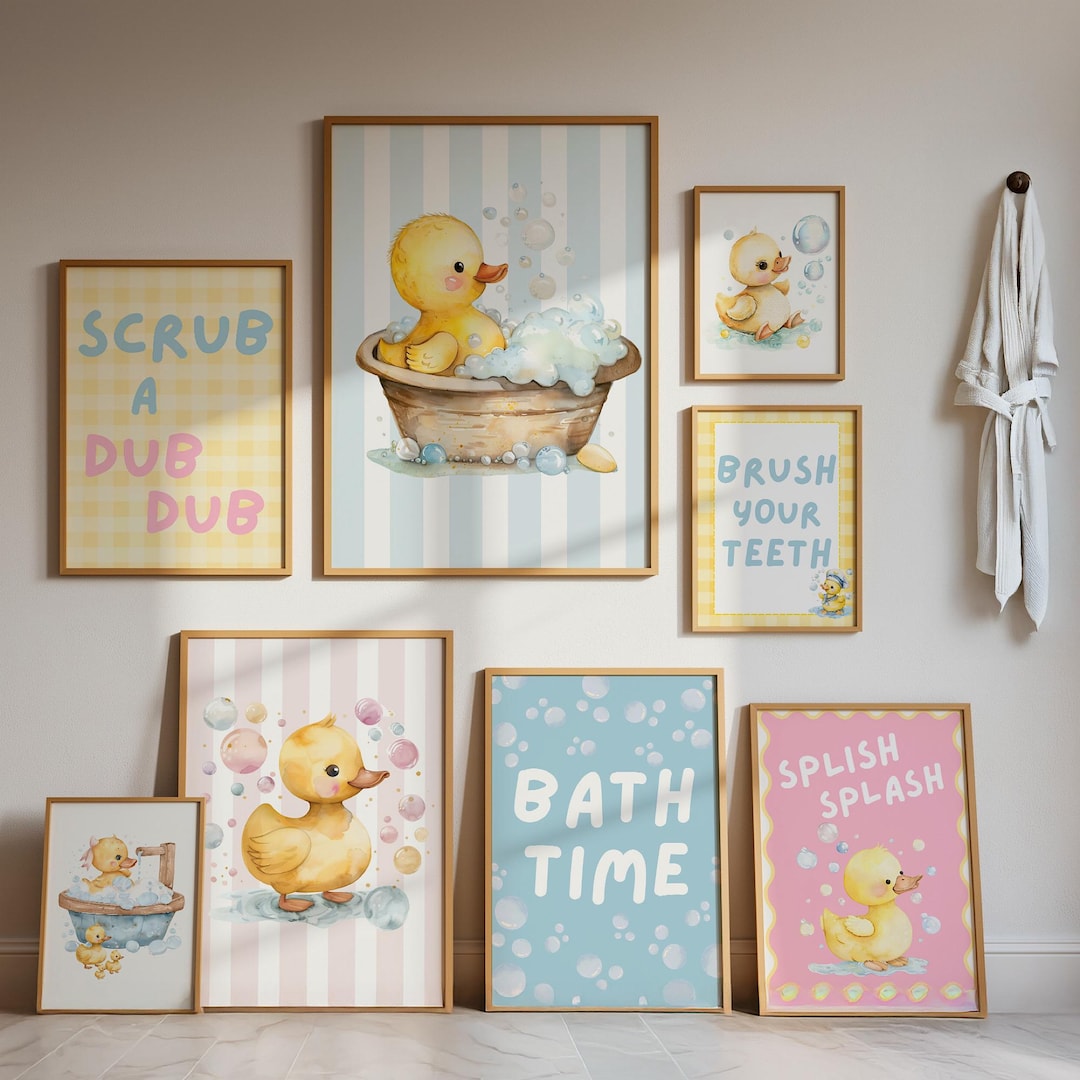 Kids Bathroom Prints Set of 8, Rubber Duck Prints, Playful Bath Time ...