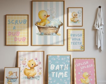 Kids Bathroom Prints Set of 8, Rubber Duck Prints, Playful Bath Time Decor, Yellow Duck Wall Art, Duck Bathroom Decor, Scrub a Dub Dub Art
