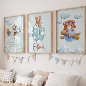 Impressões de avião para berçário, arte de parede para quarto de menino, impressão de parede de avião, decoração de berçário de avião, impressão de quarto de menino, impressão de urso em avião, arte de piloto