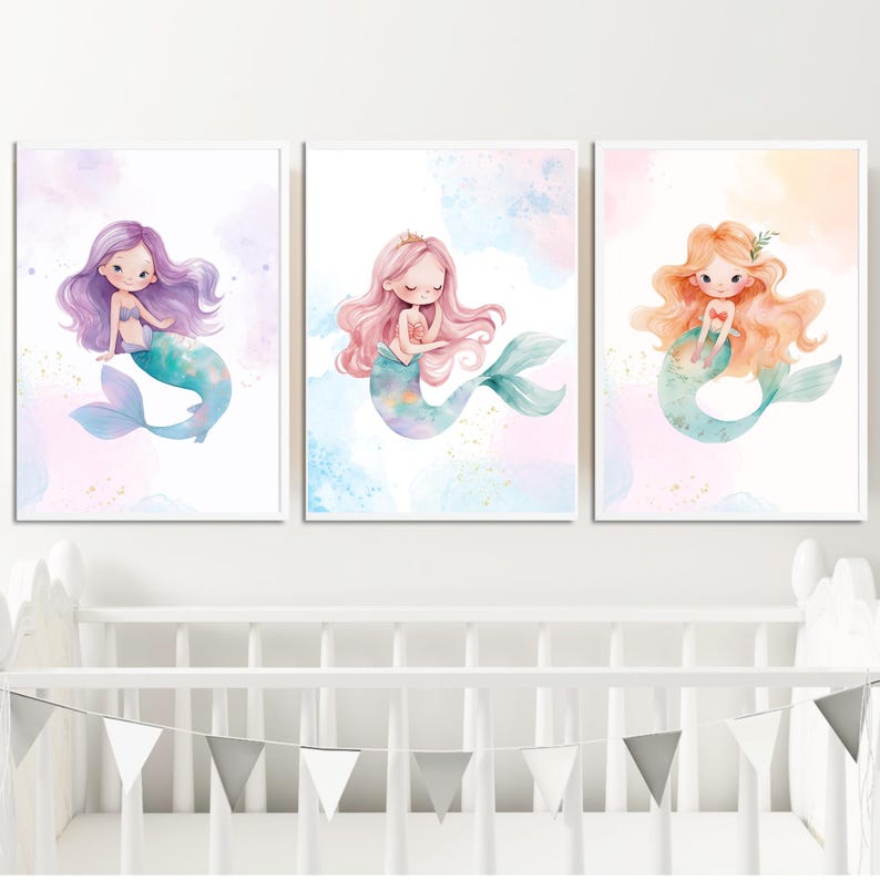 May include: Three watercolor paintings of mermaids with different colored hair and tails. The mermaids are sitting on a cloud-like background with a light blue, pink, and yellow color scheme.