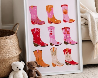 Cowgirl Stiefel Drucke, Cowgirl unter dem Motto Schlafzimmer, Western Kinderzimmer Dekor, rosa Cowgirl Wandkunst, Rodeo Country Bauernhaus Druck, breiter Westen Druck