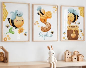 Honey Bee Nursery Prints, Honey Bee Wall Art, Bumblebee Prints, Bee Theme Room, Yellow Nursery Decor, Bee Decor, Bee Poster for Baby Room