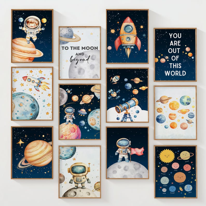 Outer Space Nursery Wall Art Set, Astronaut Rocket Planets Kids Room ...