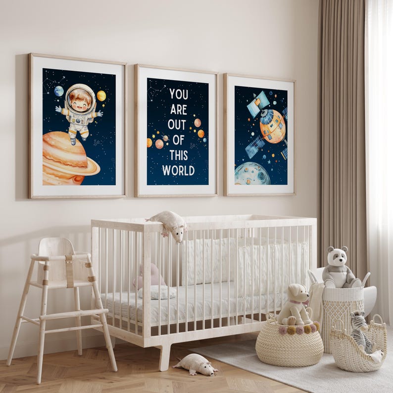 Outer Space Nursery Wall Art Set, Astronaut Rocket Planets Kids Room ...