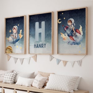 Juego de arte mural espacial personalizado, arte mural de astronauta, arte mural con temática espacial, decoración para habitación infantil, impresión de nombre personalizado, póster de astronauta, juego de 3