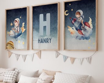 Personalized Space Wall Art Set, Astronaut Wall Art, Space Theme Wall Art, Kids Room Decor, Custom Name Print, Astronaut Poster, Set of 3