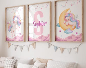 Impression chambre d'enfant licorne rose, décoration de chambre de filles licorne, impressions licornes, décoration licorne, décoration murale licorne, déco chambre d'enfant rose, art licorne