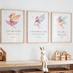 Christian Fairy Nursery Wall Art, Bible Verse Prints for Girls Room, You Are Loved, Fearfully Made, Child of God, Christian Nursery Decor