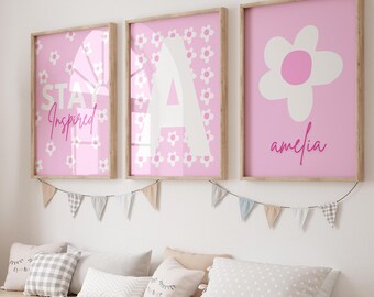Pink Daisy Print Set of 3, Daisy Nursery Print, Daisy Wall Art, Daisy Room Decor, Pink Nursery Decor, Stay Inspired Print, Girls Room Print