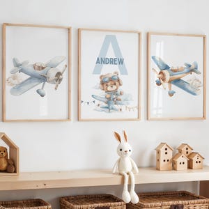 Impresión de guardería de oso, decoración de guardería de oso para niños, regalo para bebé recién nacido, arte de pared de avión para guardería, impresión digital de oso y avión para guardería, arte de avión