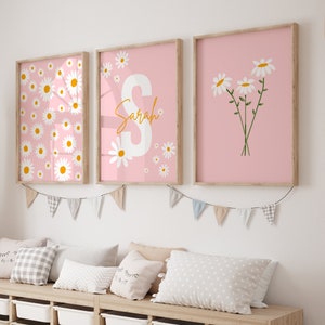 Personalized Daisy Wall Art, Daisy Nursery Decor, Pink Nursery Decor, Girls Room Decor, Neutral Baby Girl Room Prints, Sage Daisy Wall Art