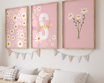 Personalized Daisy Wall Art, Daisy Nursery Decor, Pink Nursery Decor, Girls Room Decor, Neutral Baby Girl Room Prints, Sage Daisy Wall Art
