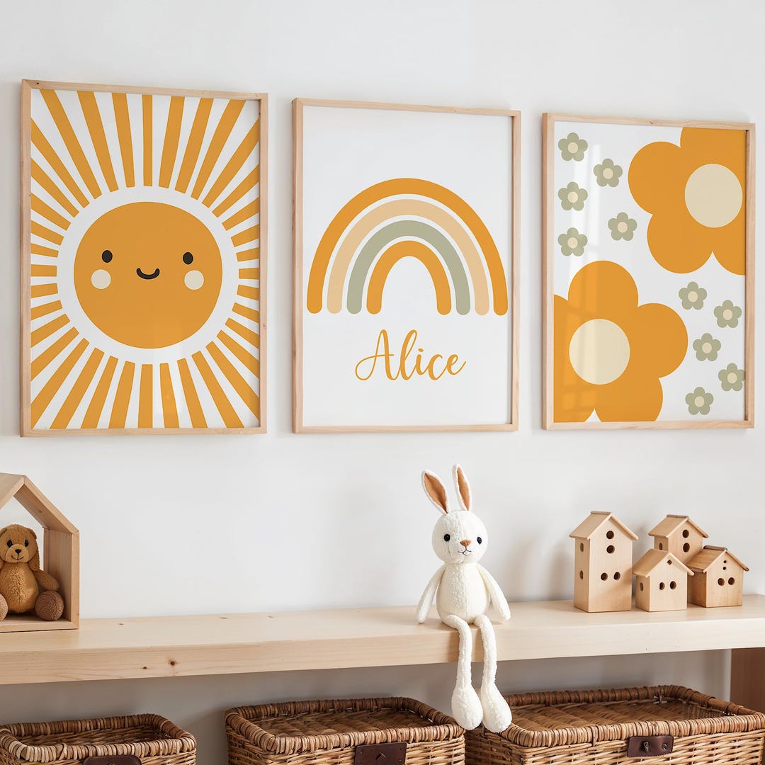 Boho Sun Nursery Decor, Sunshine Rainbow Print, Orange Flowers Girls ...