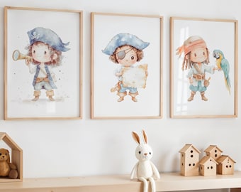 Arte de pared de piratas para habitación de bebé, impresiones de piratas para bebés, póster de aventuras náuticas, impresión de piratas en acuarela para habitación de niño, decoración de habitación pirata