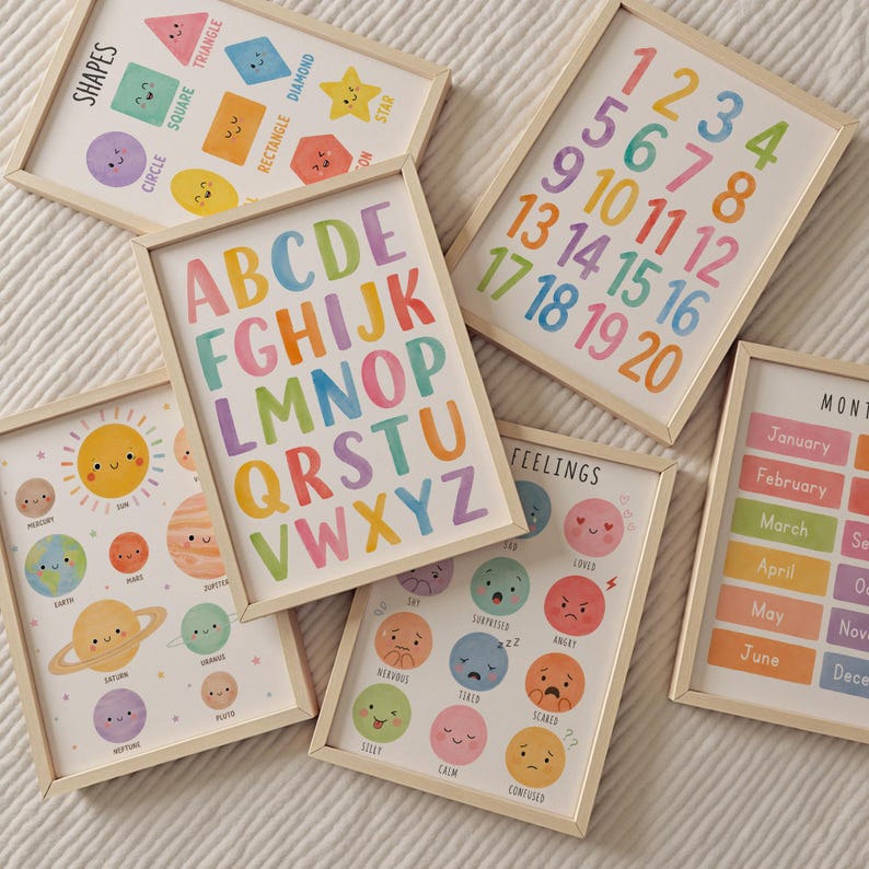 May include: A collection of educational wall art prints with wooden frames. The prints feature colorful illustrations of shapes, numbers, the alphabet, feelings, planets, and months. The artwork is designed for children's learning and room decor.