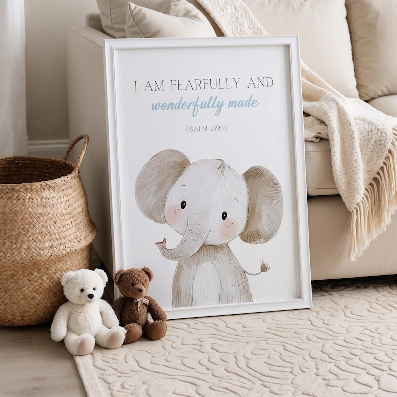 May include: A white framed print with a watercolor illustration of a cute elephant. The print features the text "I am fearfully and wonderfully made" and "Psalm 139:14".