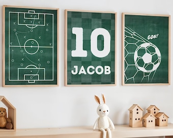 Láminas de fútbol personalizadas, arte de pared para guardería, láminas de fútbol con nombre personalizado, balón de fútbol, decoración de habitación infantil, láminas de fútbol, camiseta de fútbol