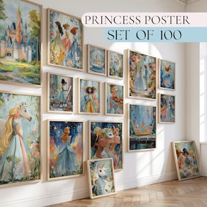 May include: A set of framed princess art prints displayed on a white wall. The artwork features various princesses in a watercolor style, with soft colours and dreamy scenes. The text "PRINCESS POSTER SET OF 100" is visible.