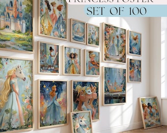 Pode incluir: Uma coleção de impressões de arte emolduradas com tema de princesas, exibidas em uma parede branca. A obra de arte apresenta várias princesas em estilo aquarela, com cores suaves e cenas sonhadoras. O texto "PRINCESS POSTER SET OF 100" é visível.