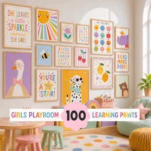 May include: A collection of framed art prints with colorful illustrations, including a sun, bee, alphabet, numbers, and a Dalmatian dog. The text "GIRLS PLAYROOM 100 LEARNING PRINTS" is displayed at the bottom.