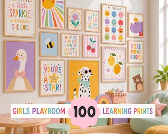 Girls Playroom Wall Art Set of 100, Educational Learning Posters, Girls Nursery Decor, Printable Kids Room Prints, Alphabet Numbers Art