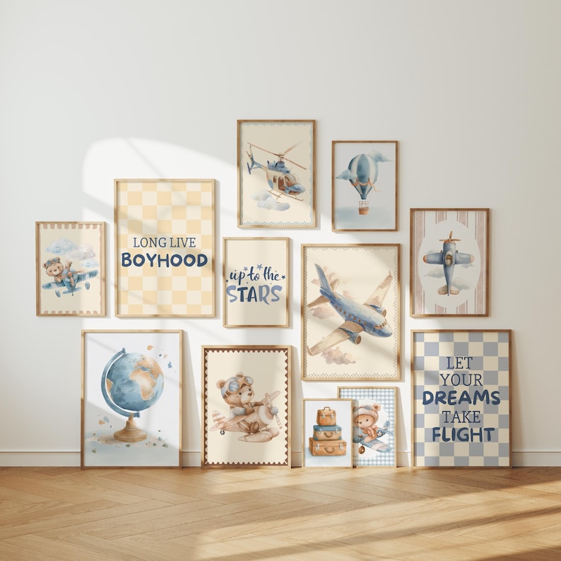 Aviation Nursery Wall Art Set of 20, Pilot Bear Airplane Prints, Baby ...