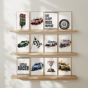 May include: A collection of framed racing-themed art prints. The prints feature race cars, a checkered flag, a trophy, a tire, and the text "Eat Sleep Race Repeat" and "Little Racer". The color palette includes red, green, blue, yellow, and black.