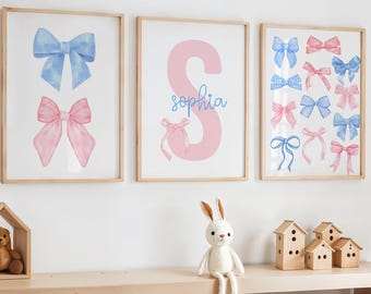Estampa de laço rosa e azul, Arte de parede com laços, Decoração para quarto de bebê com laços, Arte de laço rosa e azul, Estampa Blue Coquette, Estampa de laço rosa, Decoração de quarto azul e rosa, Arte de laço