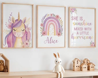 Impressions licorne violette, soleil mélangé à un petit ouragan, chambre de filles licorne, décoration arc-en-ciel, art mural licorne, décoration de chambre violet