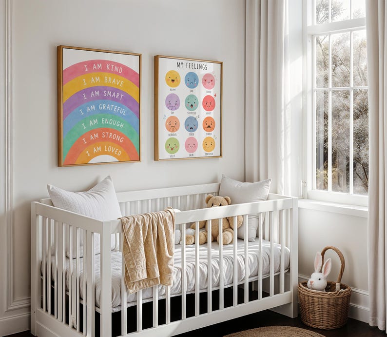 May include: A white crib with a beige blanket and a teddy bear sits in a bright room. Two framed prints hang above the crib. One features a rainbow with positive affirmations, and the other displays various facial expressions.