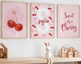 Cherry Prints, Sweet as a Cherry Prints, Cherry Nursery Decor, Cherry Wall Art, Pink Girls Bedroom Prints, Pink Baby Room, Pink Bow Print