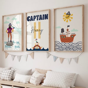Decoración de habitación infantil pirata personalizada, impresión de barco pirata, impresión de nombre personalizada, decoración de habitación de niños, decoración pirata, arte de pared imprimible para dormitorio de niño