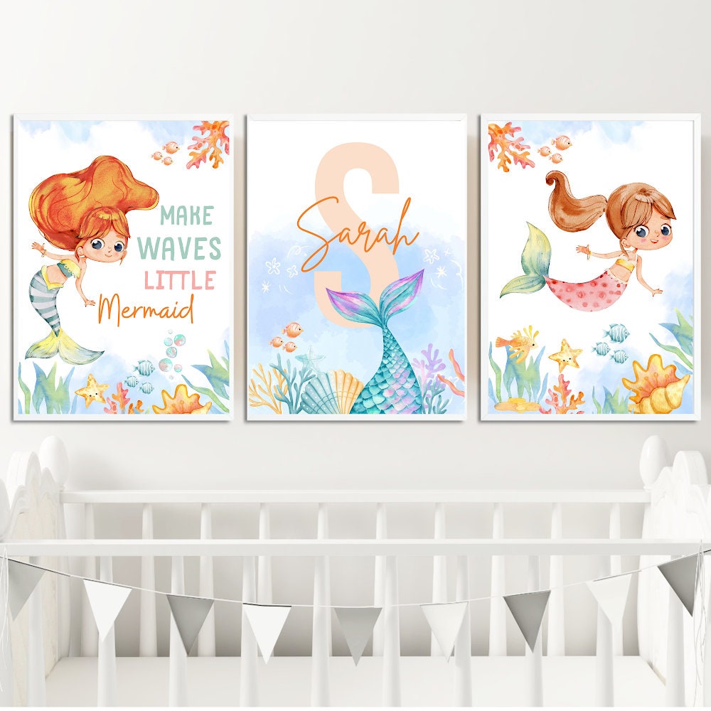 Personalized Mermaid Print Set, Mermaid Nursery Print, Girls Mermaid ...